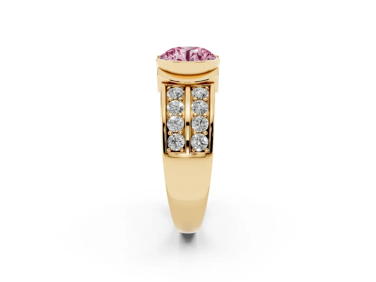 Fancy Pink Round Cut Brilliant Diamond Channel Set Wide Band Ring with Bezel Setting Yellow gold