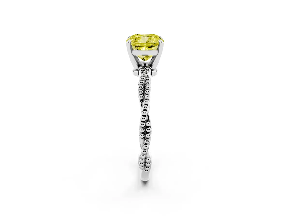 Fancy Yellow Cushion Cut Solitaire Twisted Band with Bead Prong Setting Platinum