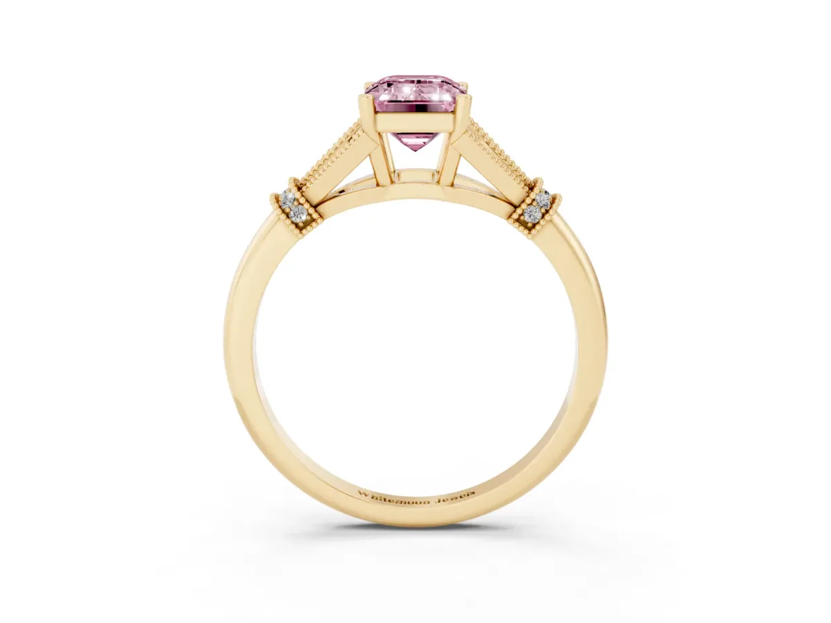 Fancy Pink Emerald Cut Diamond Solitaire Ring with Floral Filigree and Pave Accents Yellow gold