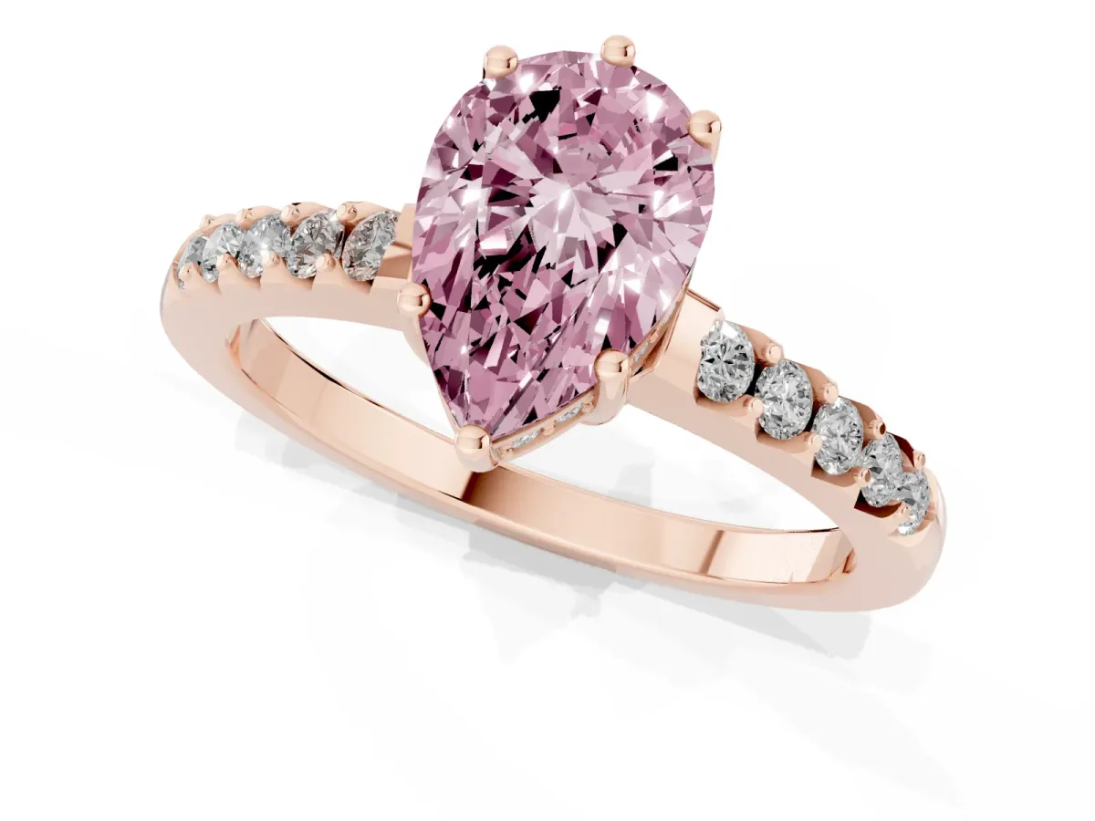 Fancy Pink Pear Cut Solitaire Diamond Engagement Ring with Pavé Band and Six-Prong Setting Rose gold