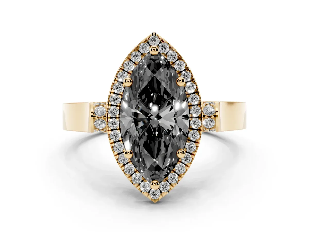 Fancy Black Marquise Cut Halo Round Diamond Twist Band with Four-Prong Setting Yellow gold