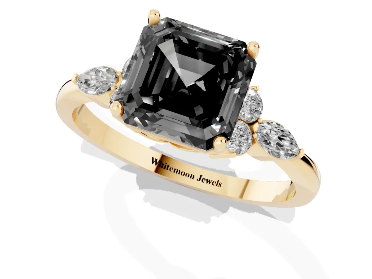 Fancy Black Asscher Cut Brilliant Diamond Solitaire Ring with Pear Side Stones and Four-Prong Setting Yellow gold