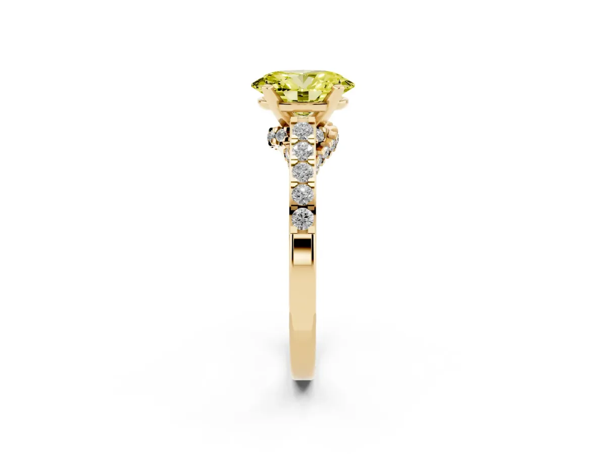 Fancy Yellow Oval Cut Diamond Solitaire Ring with Crossover Gallery and Round Pavé Band Yellow gold