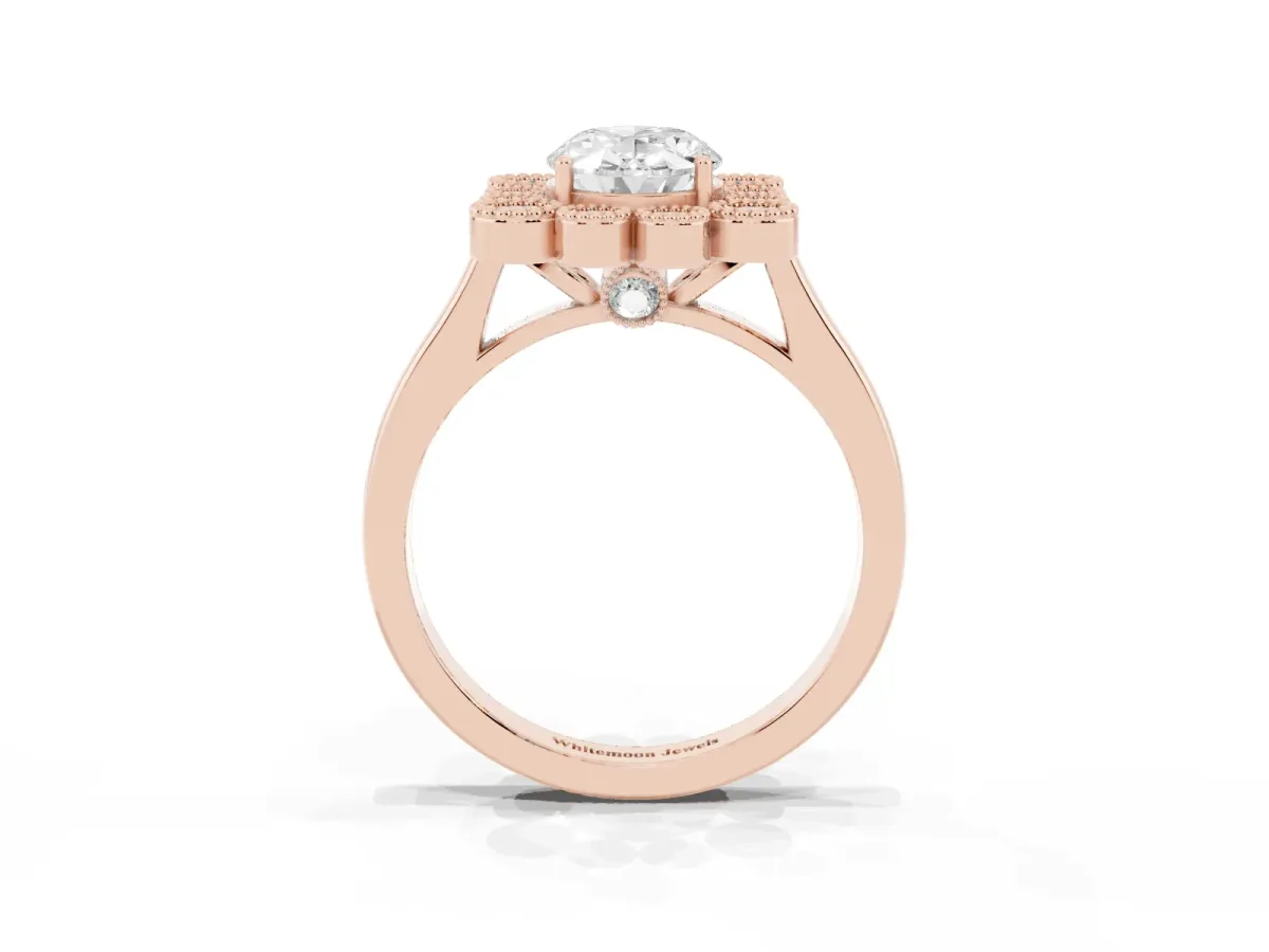 Oval Cut Halo Diamond Cluster Engagement Ring with Milgrain Bezel Setting and Solitaire Band Rose gold