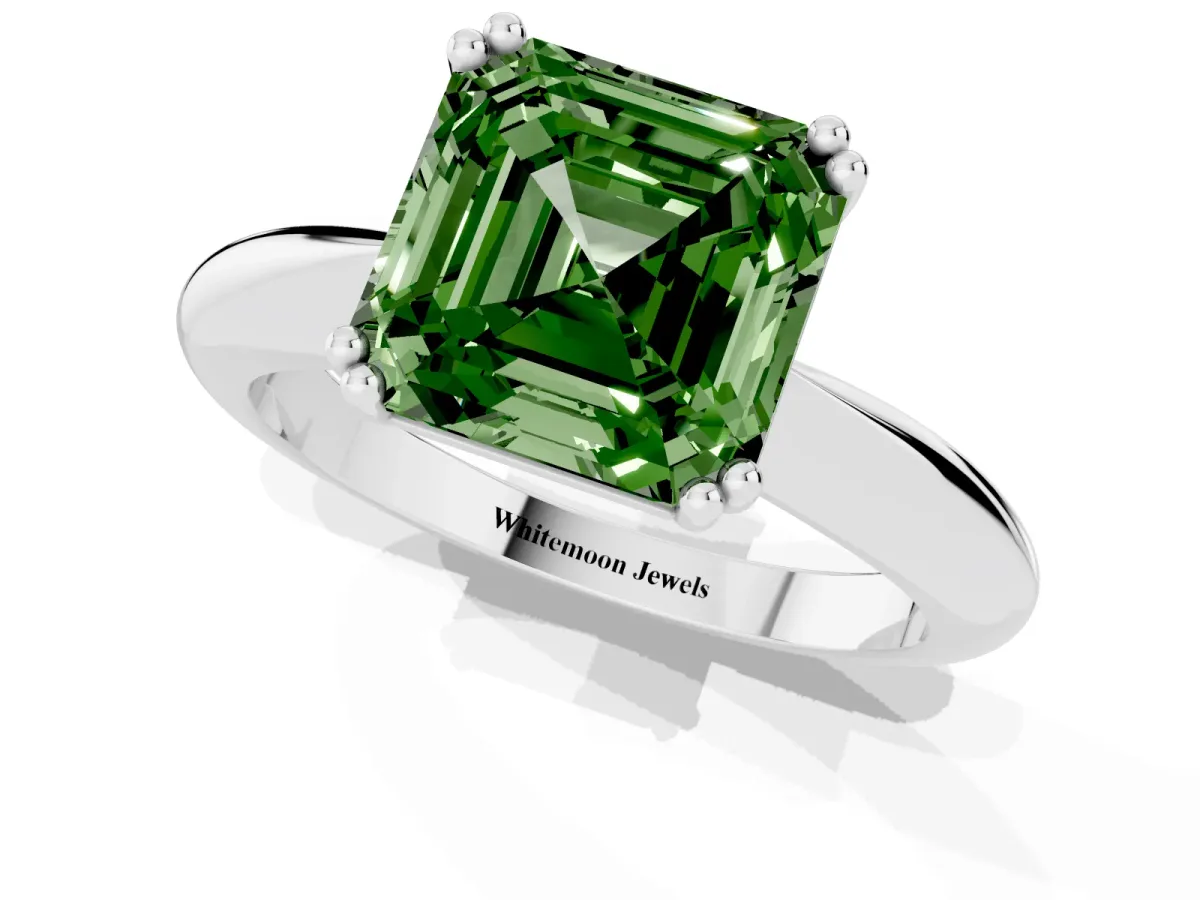 Fancy Green Asscher Cut Cut Solitaire Engagement Ring with Tapered Band and Four-Prong Setting White gold
