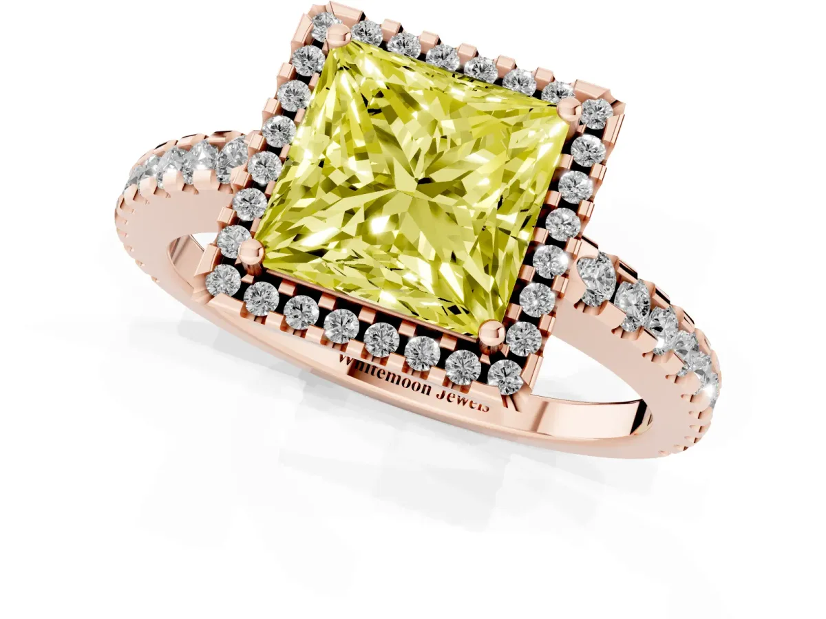 Fancy Yellow Princess Cut Diamond Halo Engagement Ring with Pavé Band and Prong Setting Rose gold