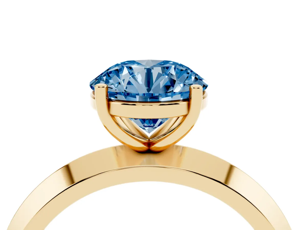 Fancy Blue Round Cut Cut Solitaire Engagement Ring with Flat Band and Four-Prong Setting Yellow gold
