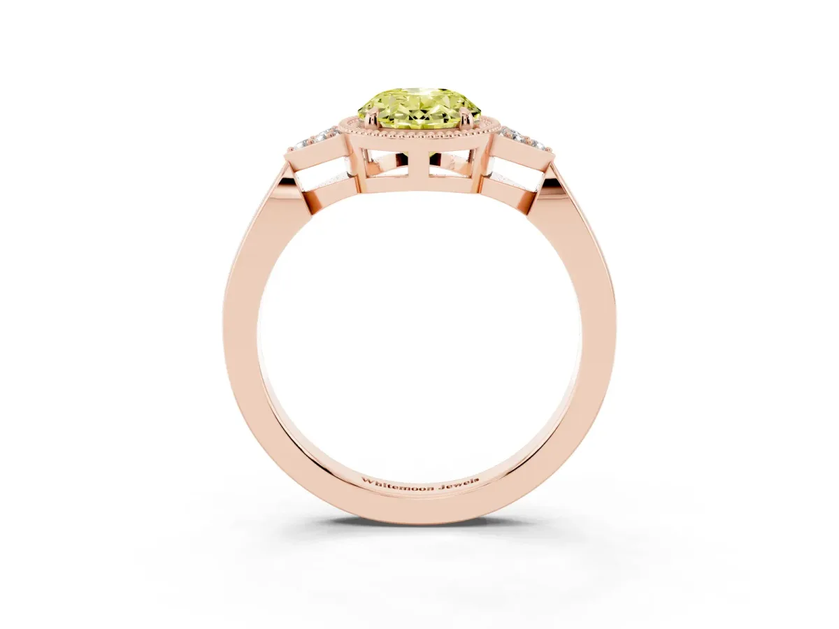 Fancy Yellow Hexagonal Halo Oval Cut Diamond Solitaire with Pavé Band and Four-Prong Setting Rose gold