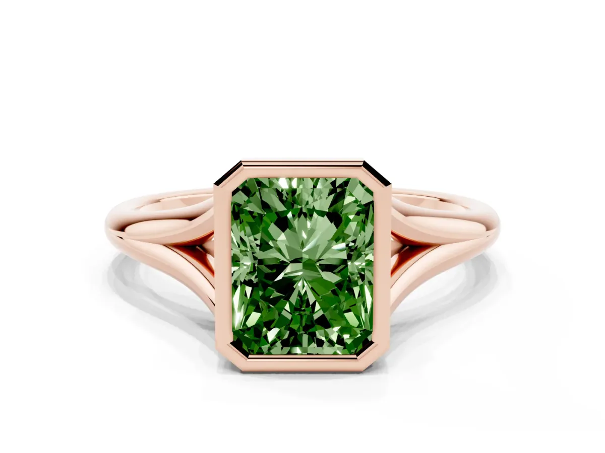 Fancy Green Bezel Set Radiant Cut Cut Solitaire Ring with Tapered Band Rose gold