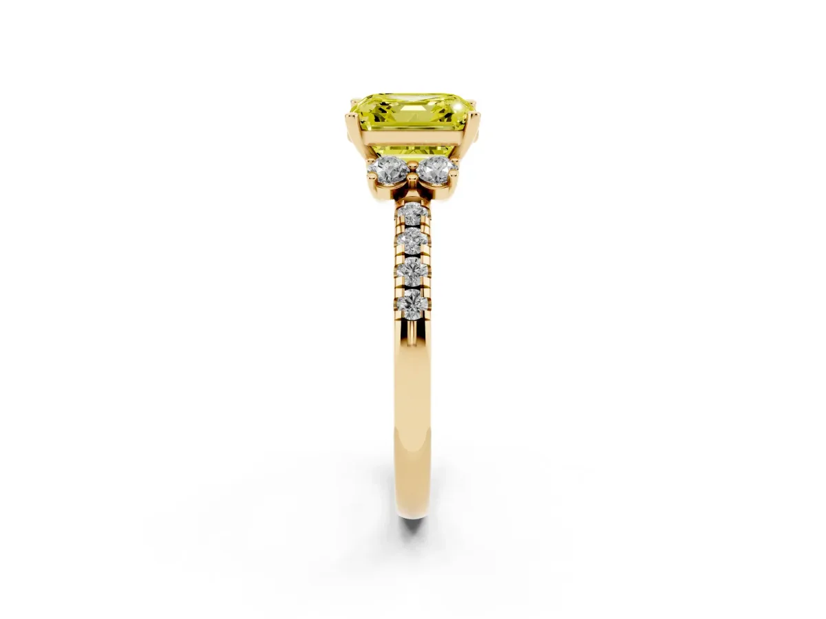 Fancy Yellow Asscher Cut Diamond Three-Stone Pave Band with Four-Prong Setting Yellow gold