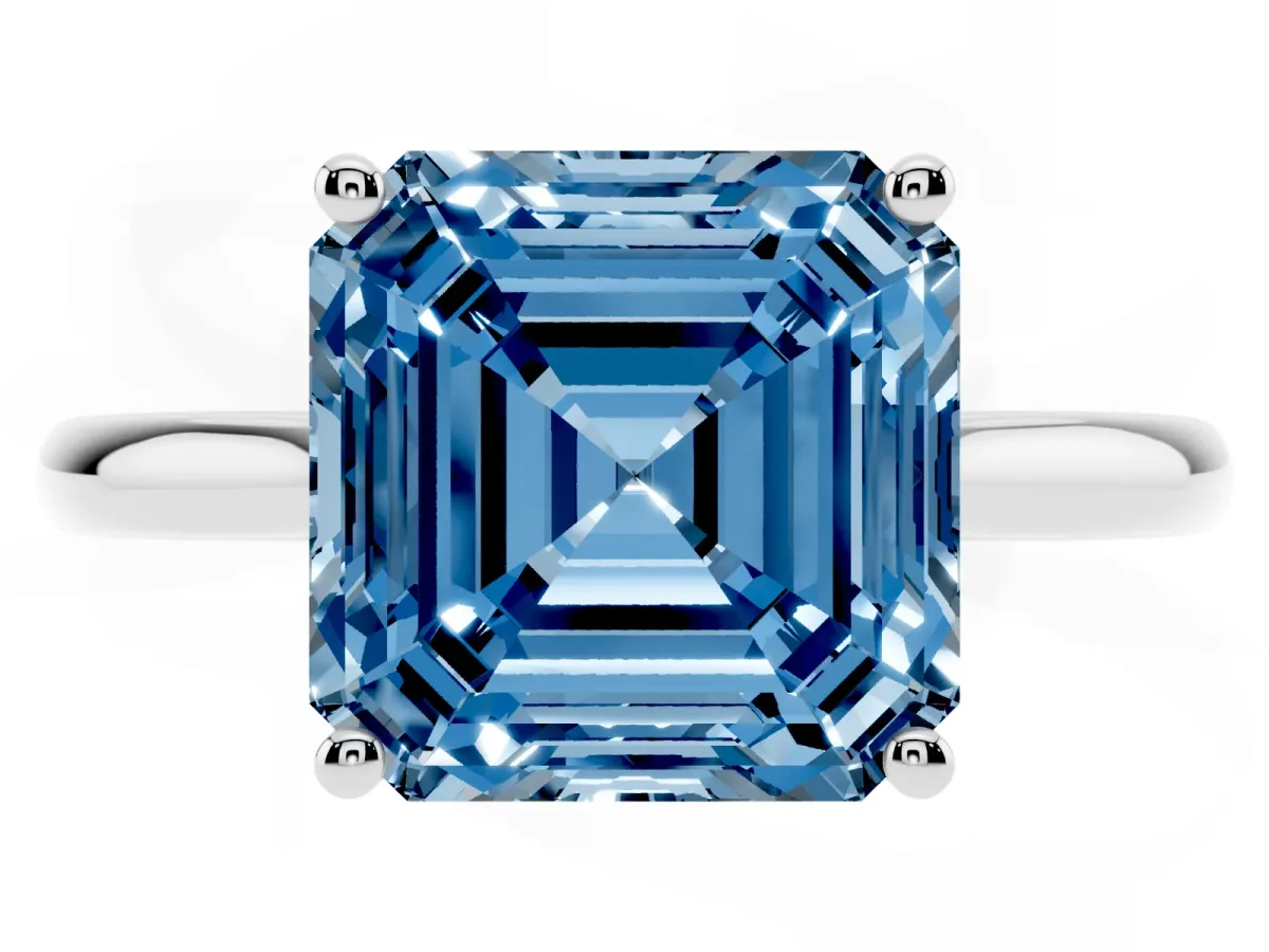 Fancy Blue Asscher Cut Cut Solitaire Ring with Cathedral Band and Four-Prong Setting Silver