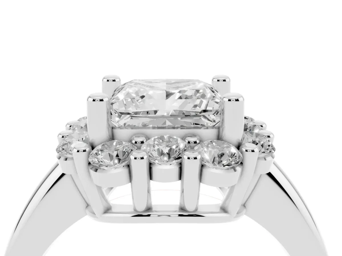 Princess Cut Halo Cluster Diamond Engagement Ring with Prong Setting and Polished Band Silver