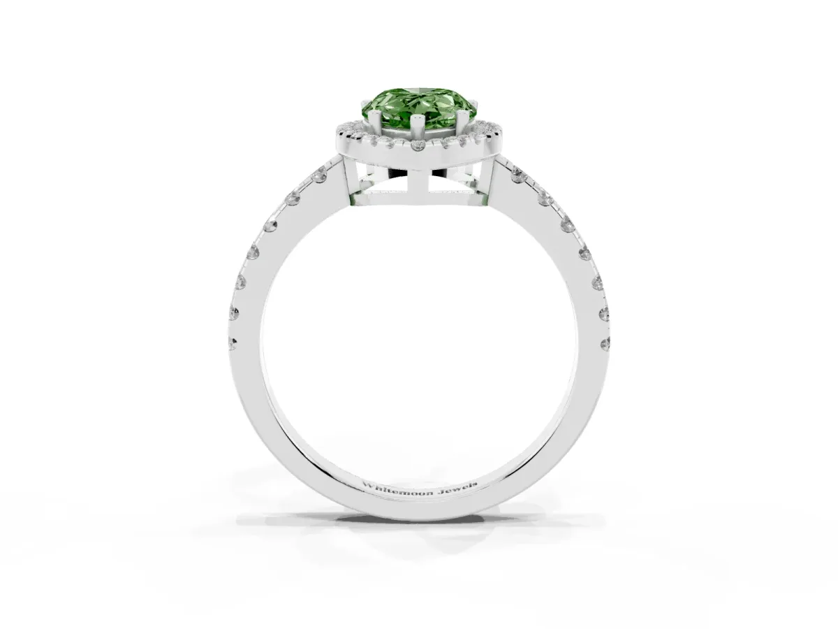 Fancy Green Pear Cut Diamond Halo Ring with Pavé Band and Four-Prong Setting Silver