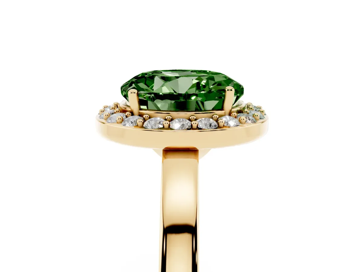 Fancy Green Round Cut Halo Diamond Ring with Solitaire Band and Prong Setting Yellow gold