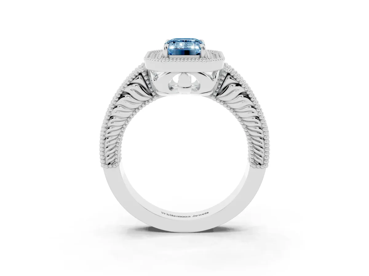 Fancy Blue Emerald Cut Cut Halo Diamond Ring with Pavé Band and Four-Prong Setting White gold