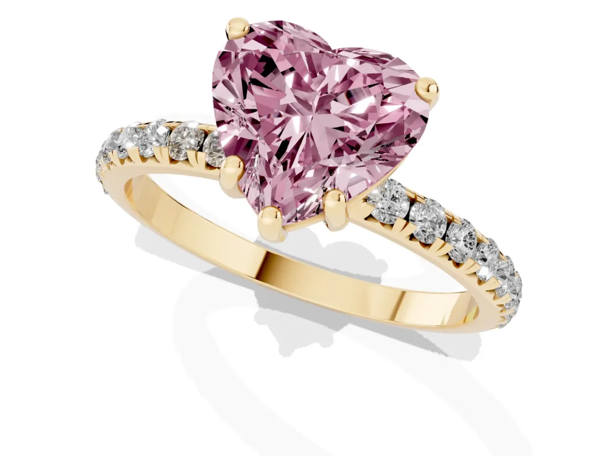 Fancy Pink Heart Cut Cut Diamond Solitaire Ring with Micro Pave Band and Four Prong Setting Yellow gold