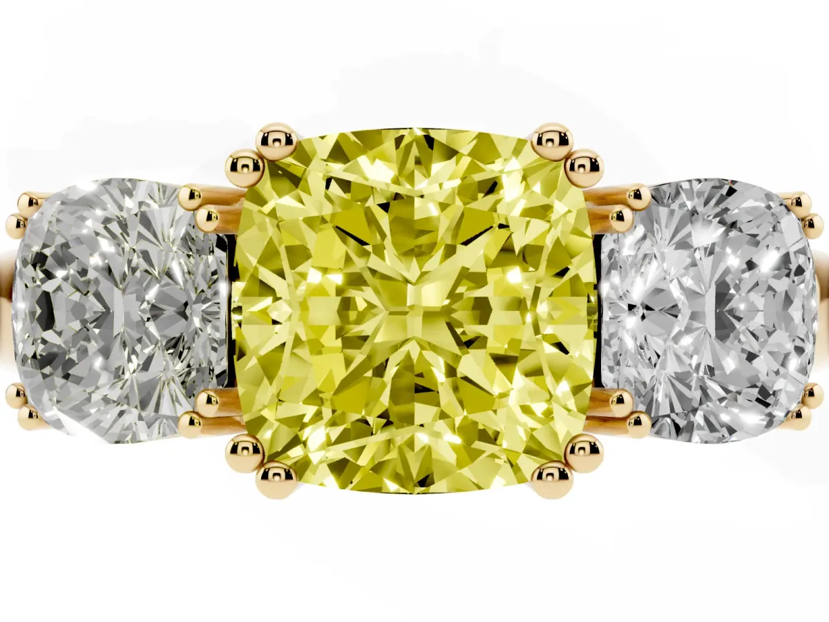 Fancy Yellow Three-Stone Cushion Cut Cut Diamond Ring with Channel Set Band and Four-Prong Setting Yellow gold
