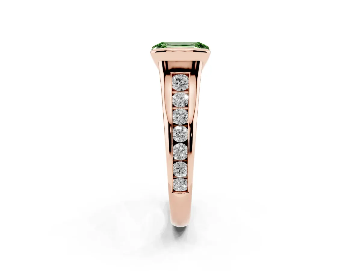 Fancy Green Emerald Cut Solitaire Bezel-Set Diamond Ring with Channel-Set Band Rose gold