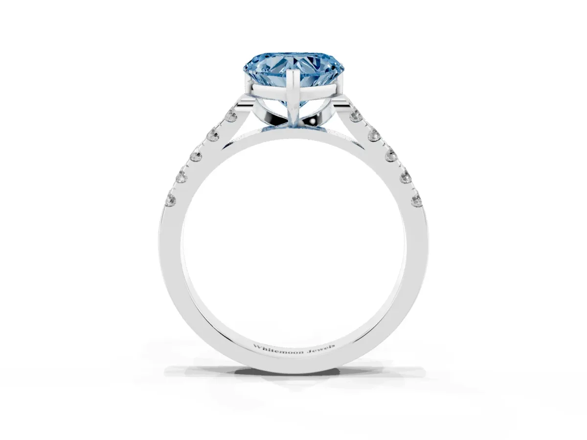 Fancy Blue Heart Cut Diamond Pavé Band Solitaire Ring with Prong Setting Silver