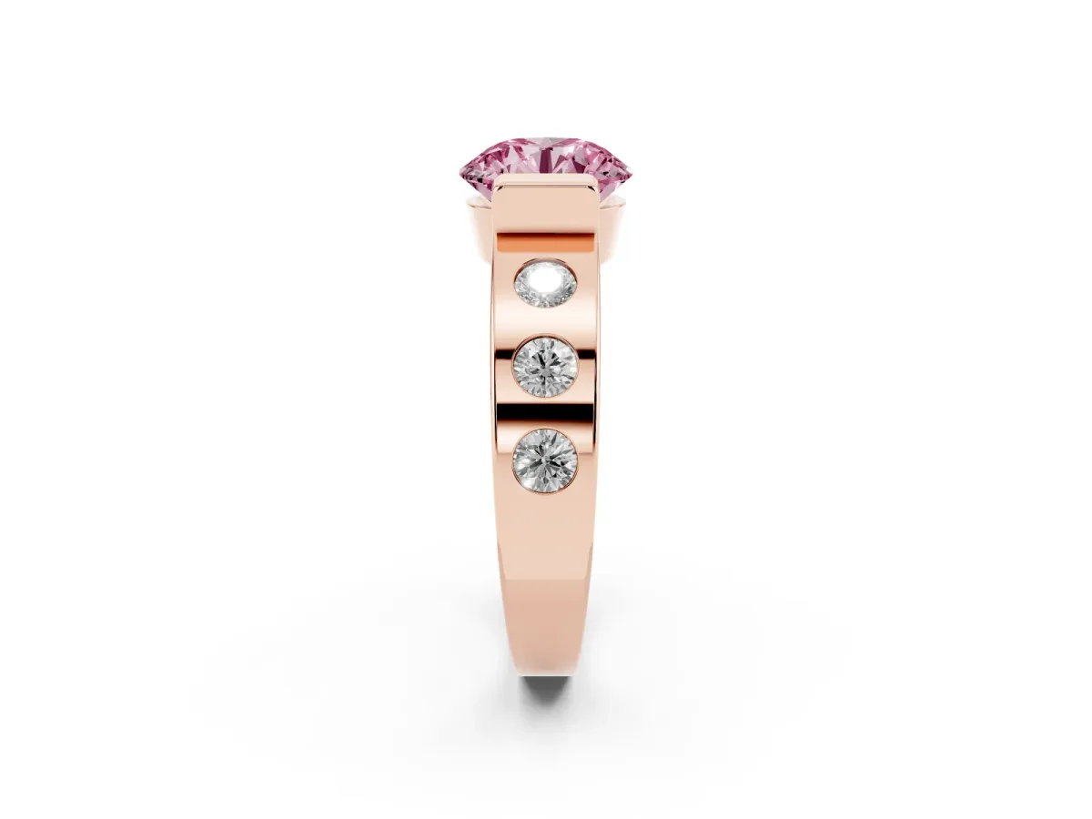 Fancy Pink Round Cut Brilliant Channel-Set Diamond Ring with Bezel Prong Setting Rose gold