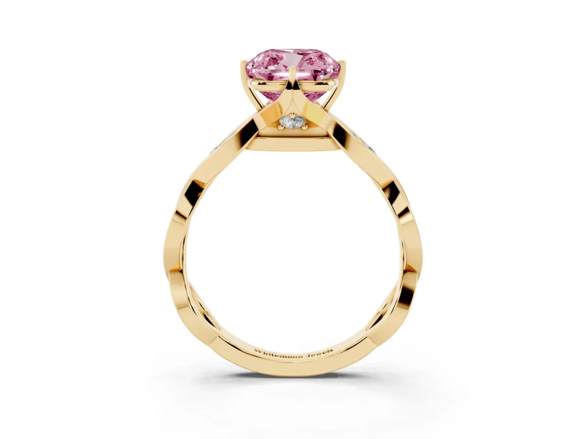 Fancy Pink Cushion Cut Solitaire Twist Band with Leaf Prong Setting Yellow gold