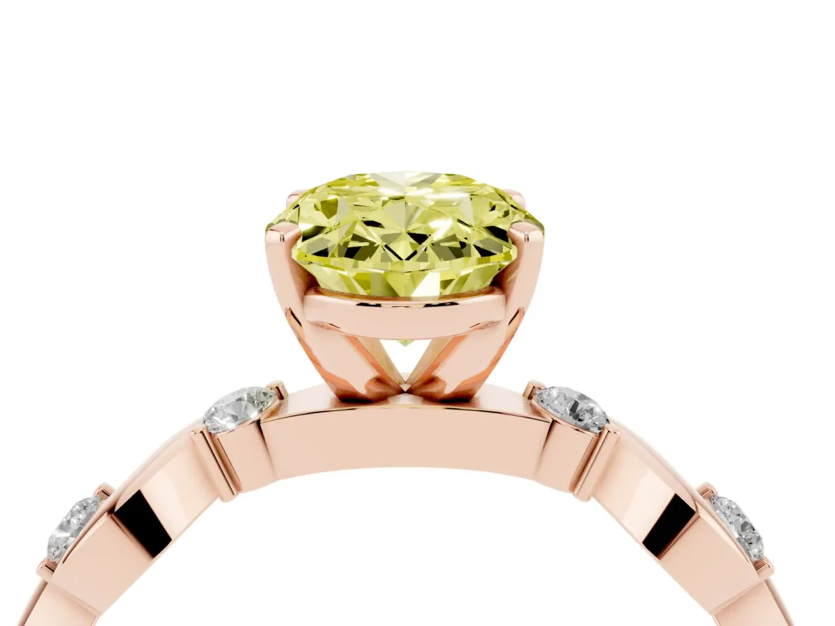 Fancy Yellow Oval Cut Diamond Solitaire Twisted Band with Round Accents and Prong Setting Rose gold