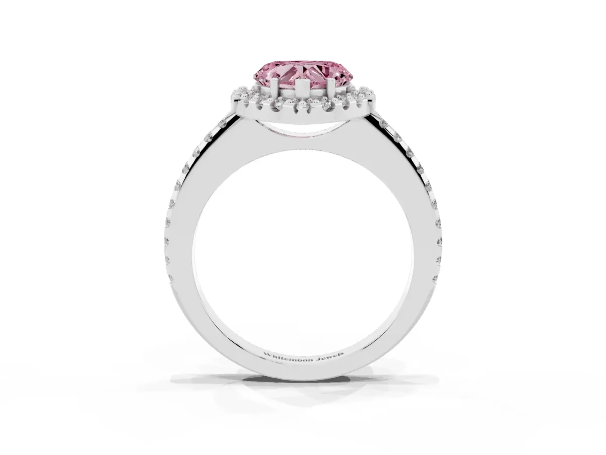 Fancy Pink Heart Cut Diamond Pavé Halo Ring with Four-Prong Setting Silver
