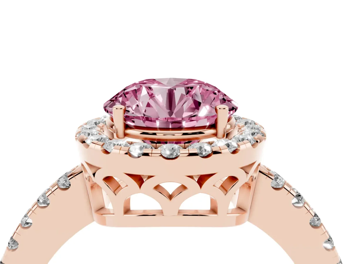 Fancy Pink Round Cut Halo Diamond Engagement Ring with Pavé Band and Four-Prong Setting Rose gold
