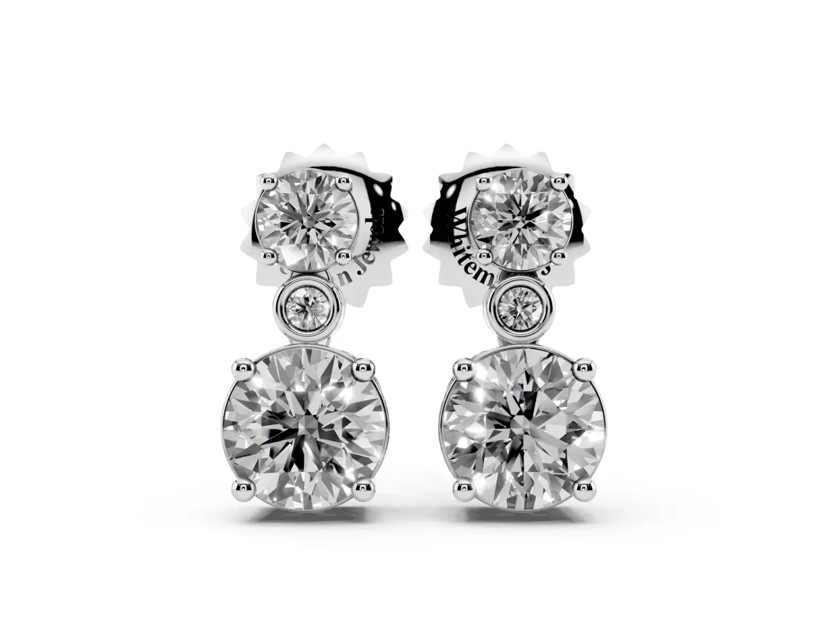 Round Diamond Two Stone Drop Earrings with Bezel Diamond Accent White gold