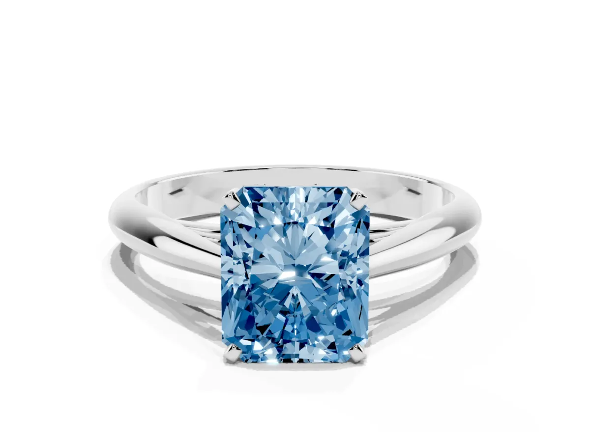 Fancy Blue Radiant Cut Diamond Solitaire Engagement Ring with Cathedral Setting and Four-Prong Mount Silver