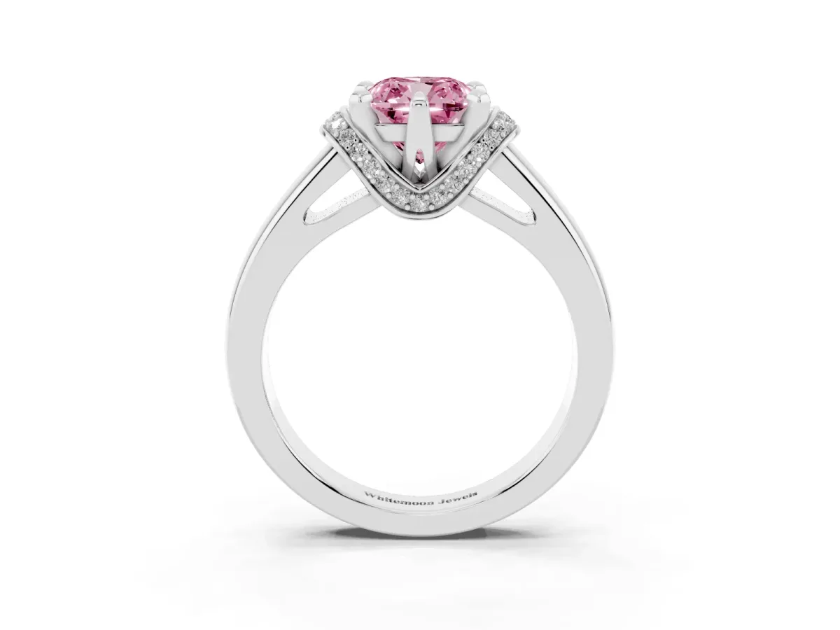 Fancy Pink Cushion Cut Solitaire Diamond Ring with Pave Band and Six-Prong Setting Silver
