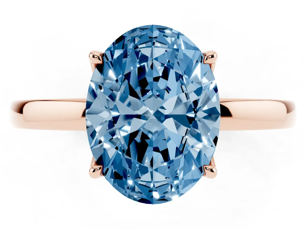 Fancy Blue Oval Cut Diamond Solitaire Ring with Thin Band and Prong Setting Rose gold