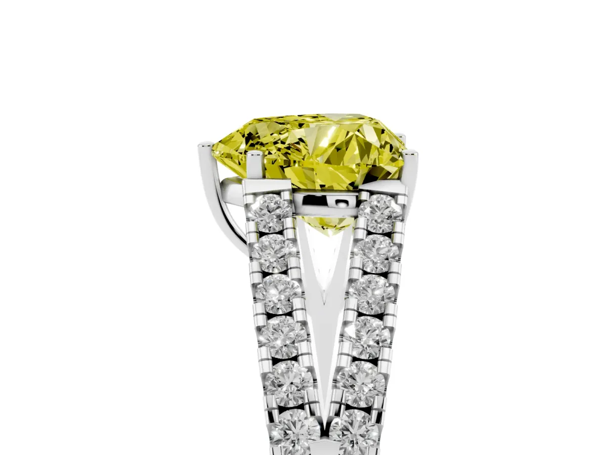 Fancy Yellow Heart Cut Diamond Split Shank Engagement Ring with Round Pavé and Prong Setting Silver