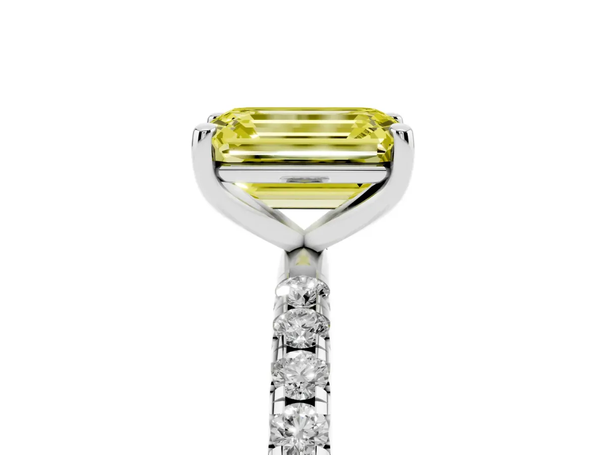 Fancy Yellow Emerald Cut Cut Diamond Solitaire Ring with Micro Pave Band and Four Prong Setting Silver