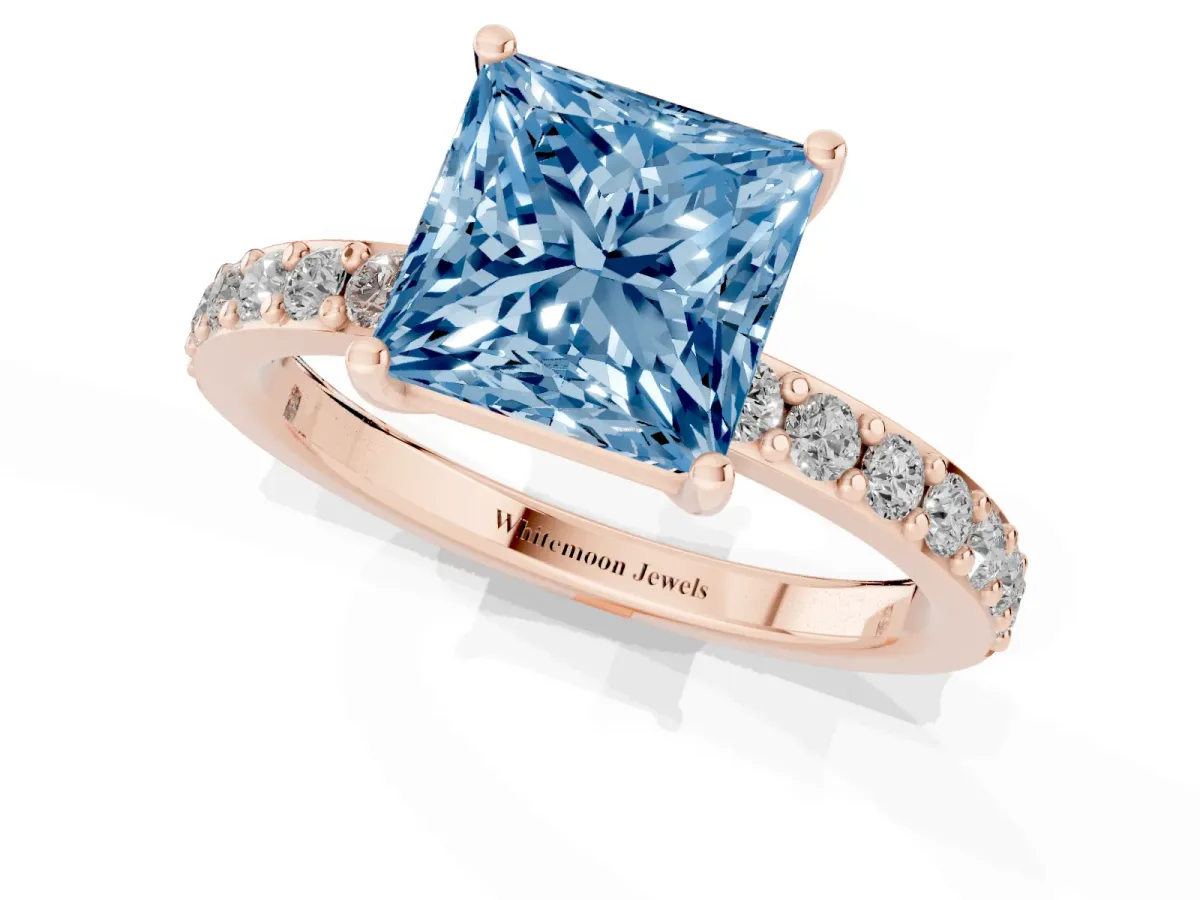 Fancy Blue Princess Cut Cut Diamond Solitaire with Pave Band and Four-Prong Setting Rose gold