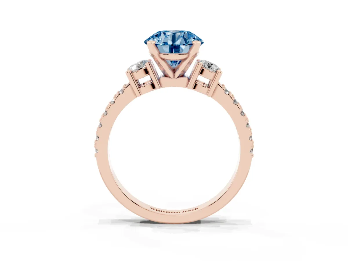 Fancy Blue Round Cut Three-Stone Diamond Pavé Band with Prong Setting Rose gold