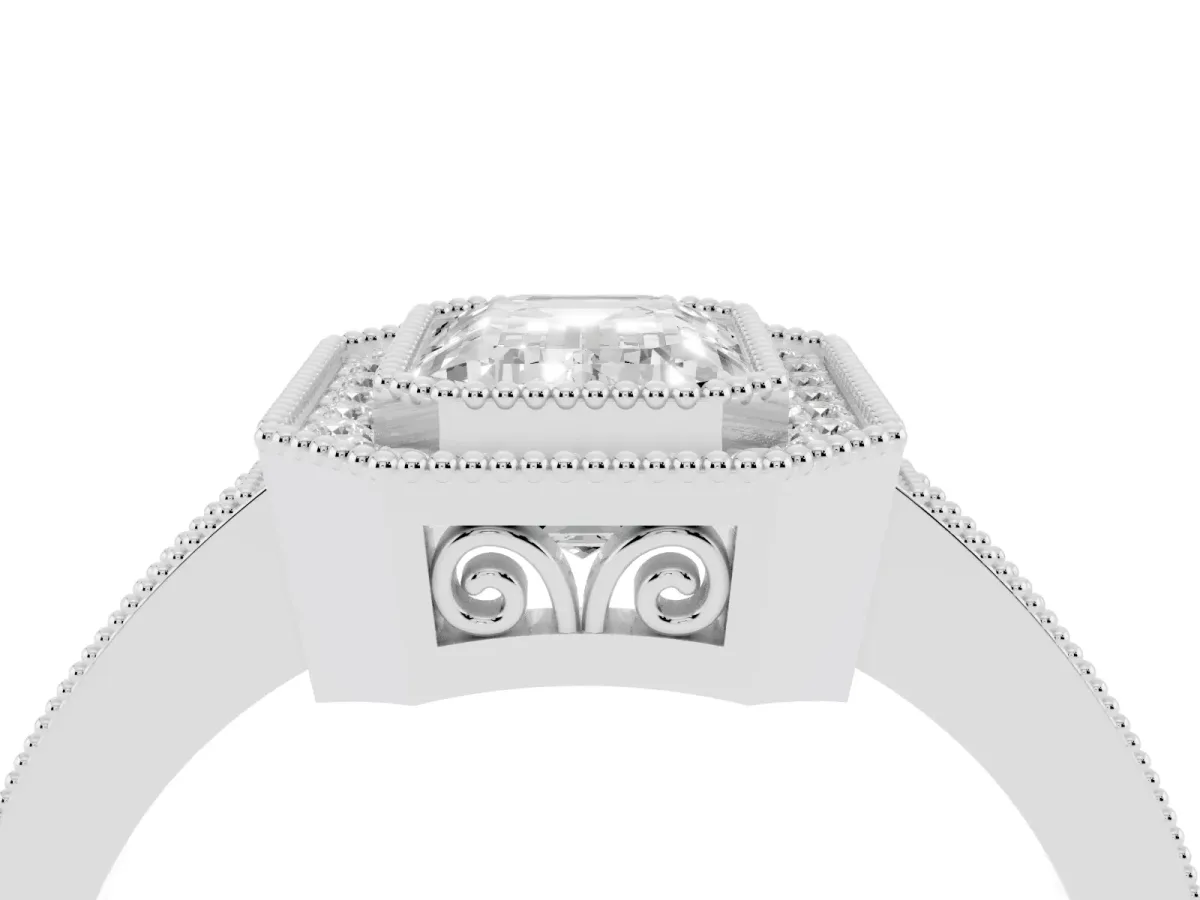 Emerald Cut Cut Halo Diamond Ring with Pavé Band and Milgrain Prong Setting Silver