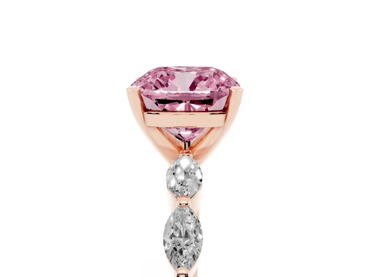 Fancy Pink Cushion Cut Diamond Ring with Marquise Side Stones and Prong Setting Rose gold