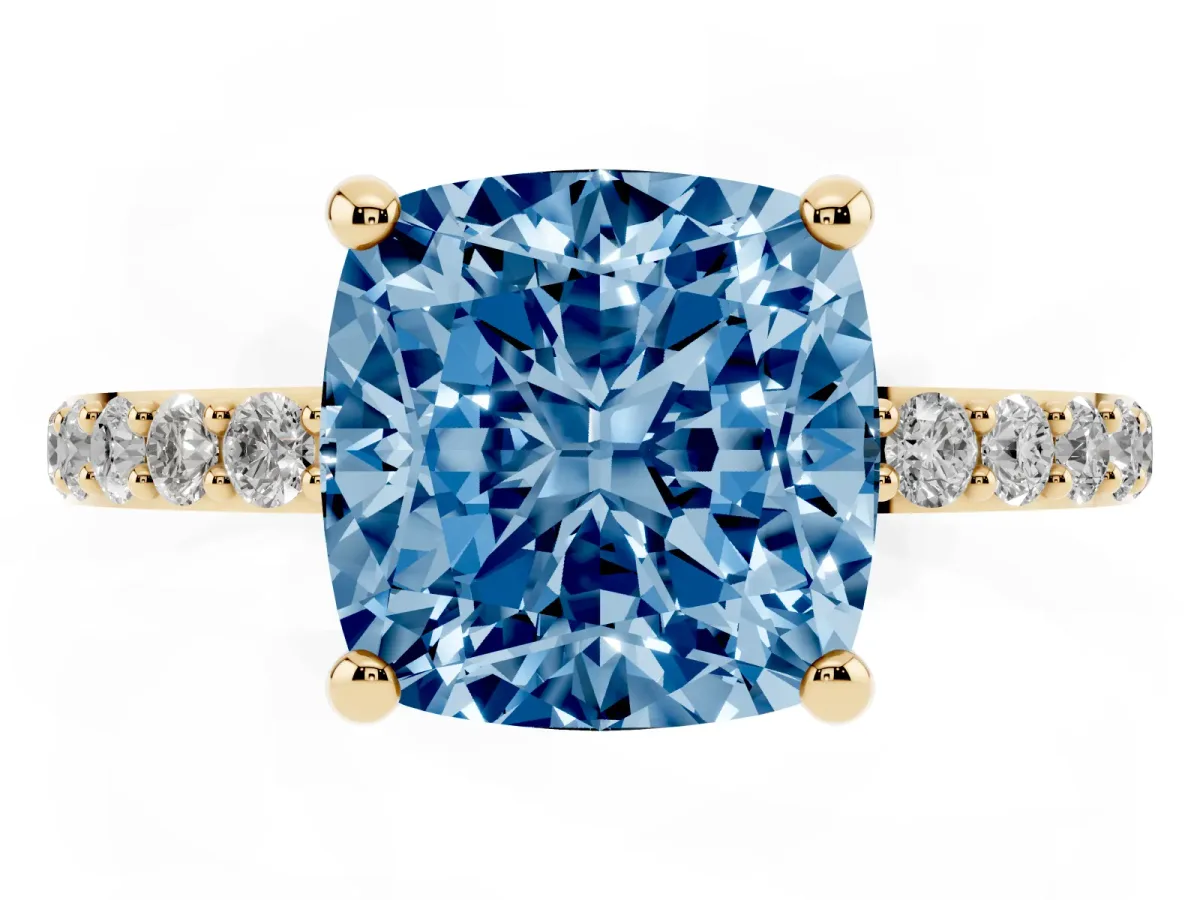 Fancy Blue Cushion Cut Diamond Solitaire Ring with Round Pavé Band and Prong Setting Yellow gold