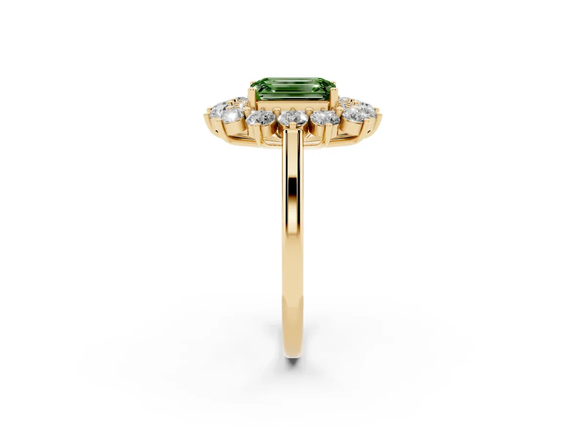 Fancy Green Emerald Cut Diamond Floral Double Halo Engagement Ring with Prong Setting Yellow gold
