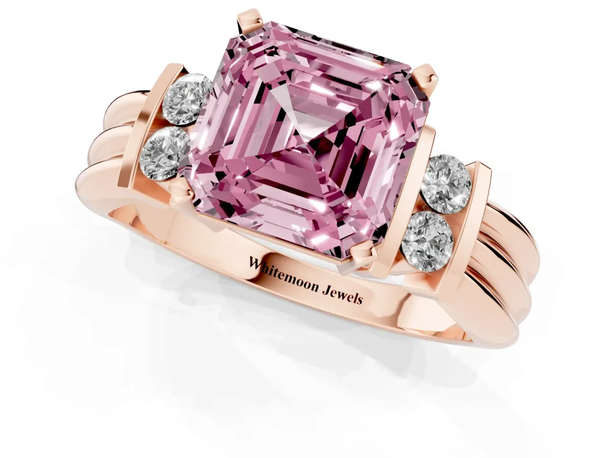 Fancy Pink Asscher Cut Cut Three-Stone Channel Set Ring with Bar Prongs Rose gold