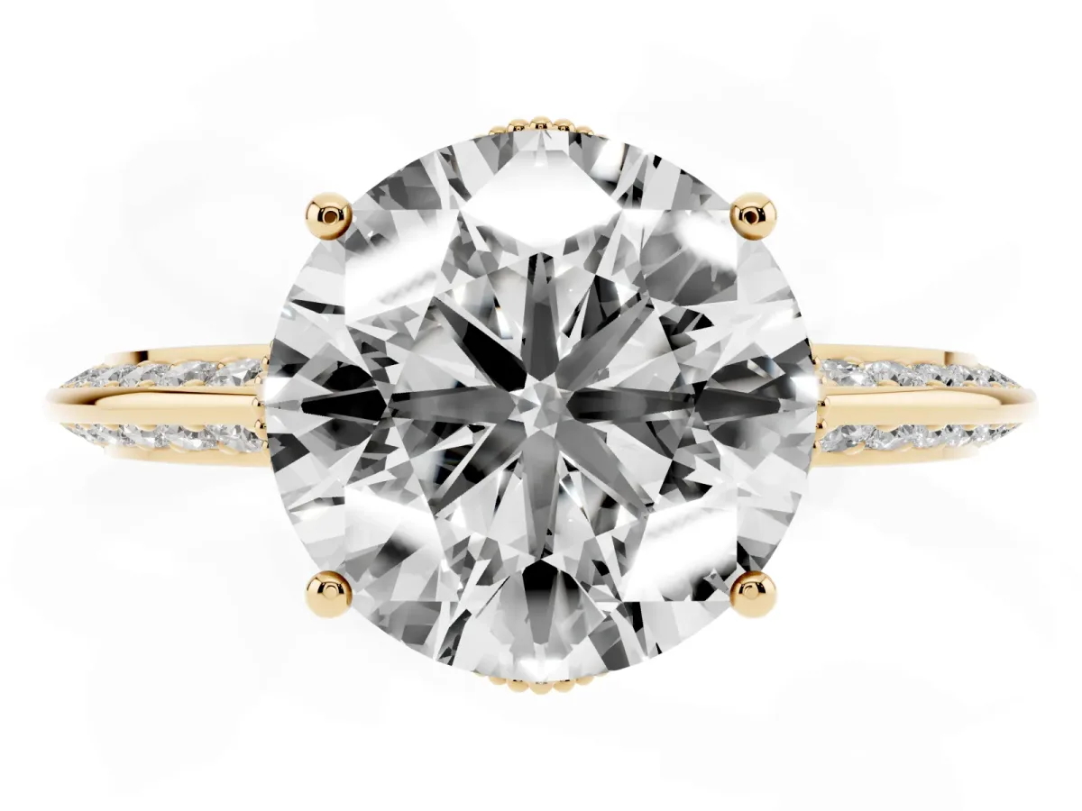 Round Cut Solitaire Split Shank Pave Diamond Engagement Ring with Four-Prong Setting Yellow gold