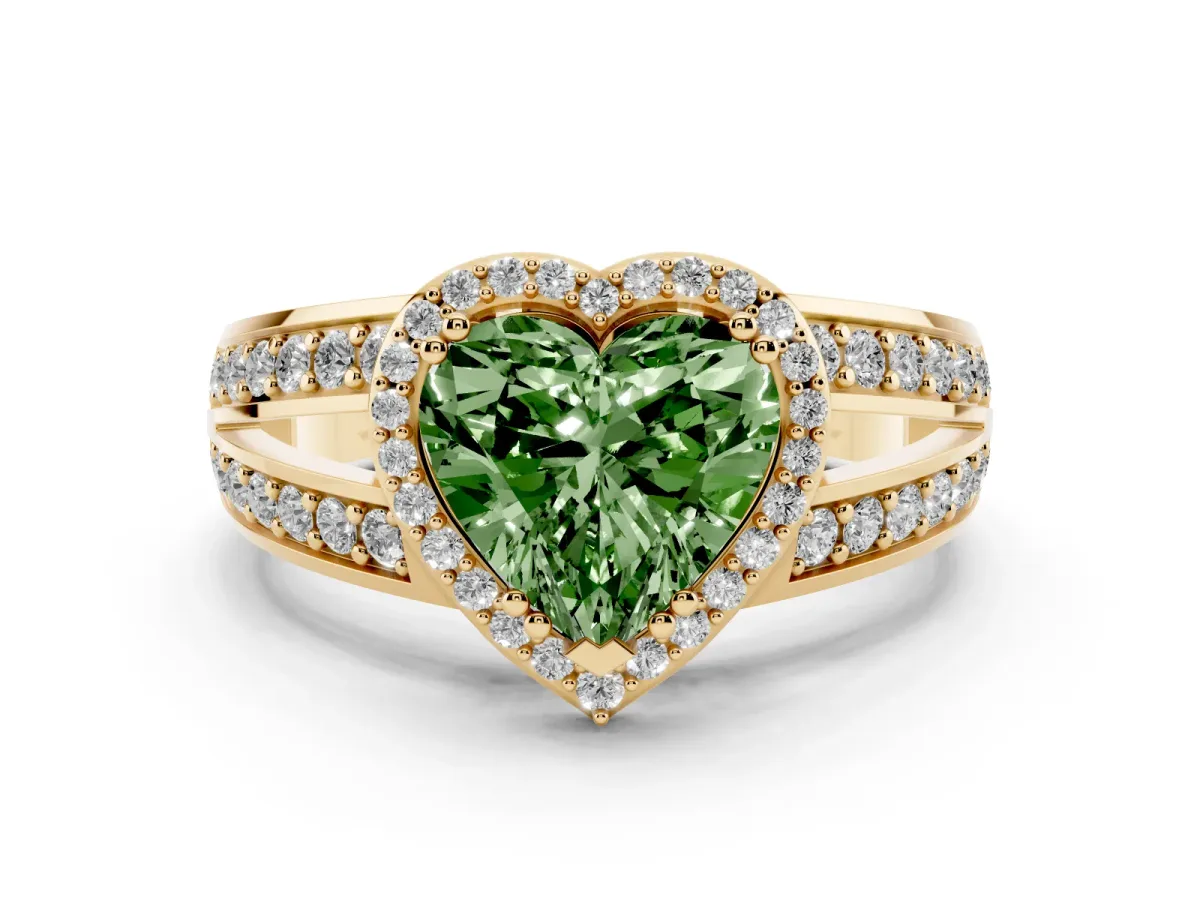 Fancy Green Heart Cut Diamond Halo Ring with Split Shank Pavé Band and Four-Prong Setting Yellow gold