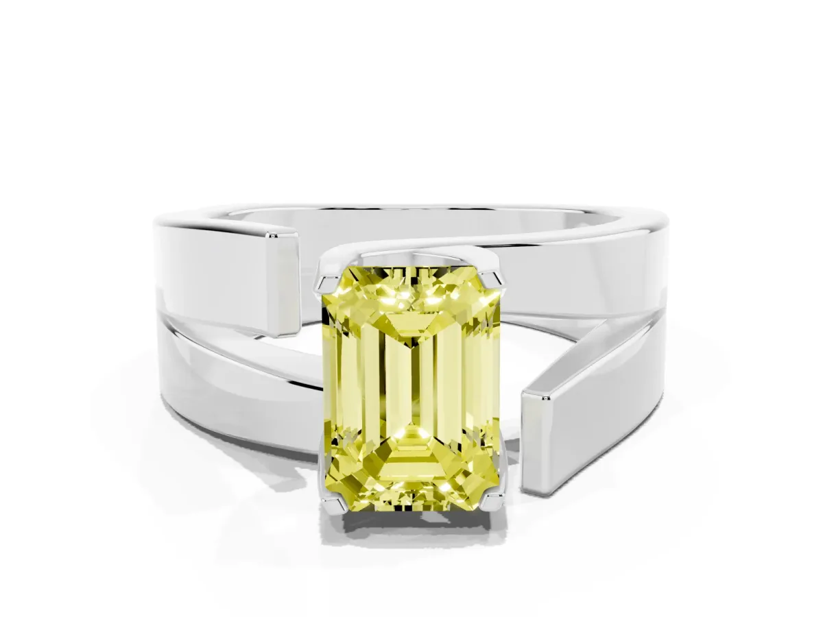 Fancy Yellow Modern Tension Set Emerald Cut Diamond Solitaire Wide Band Ring Silver