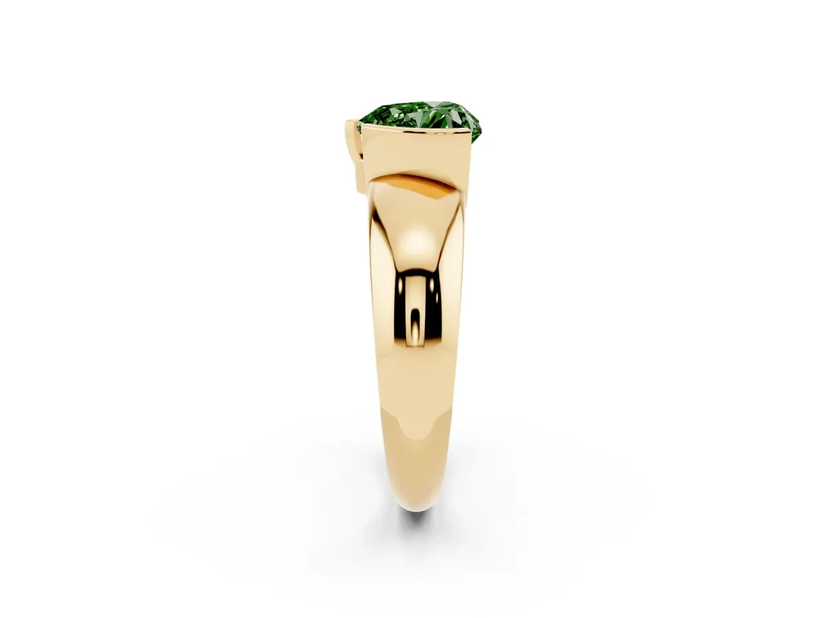 Fancy Green Heart Cut Solitaire Tension Set Diamond Ring with Wide Band Yellow gold