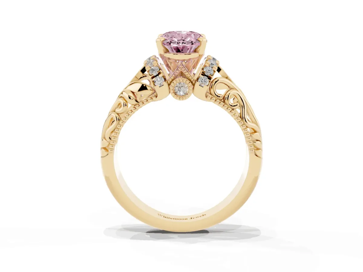Fancy Pink Oval Cut Solitaire Filigree Engagement Ring with Halo and Prong Setting Yellow gold