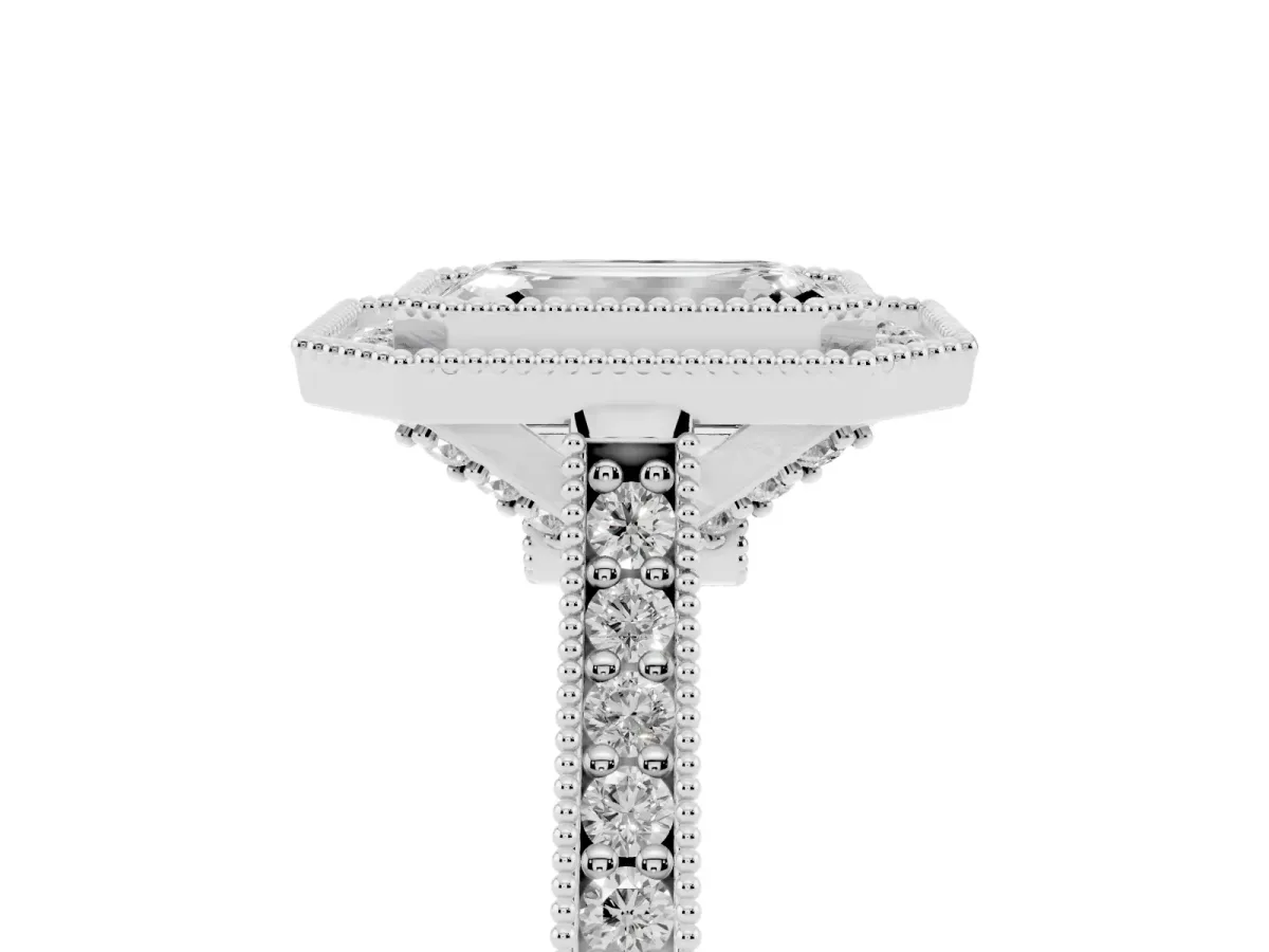 Halo Emerald Cut-Cut Diamond Pave Band Milgrain Prong Setting Ring Silver