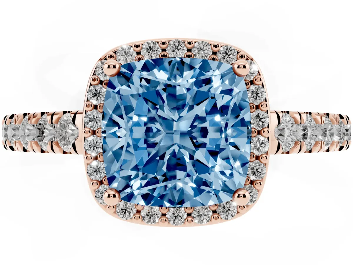 Fancy Blue Cushion Cut Cut Halo Diamond Engagement Ring with Pave Band and Four-Prong Setting Rose gold