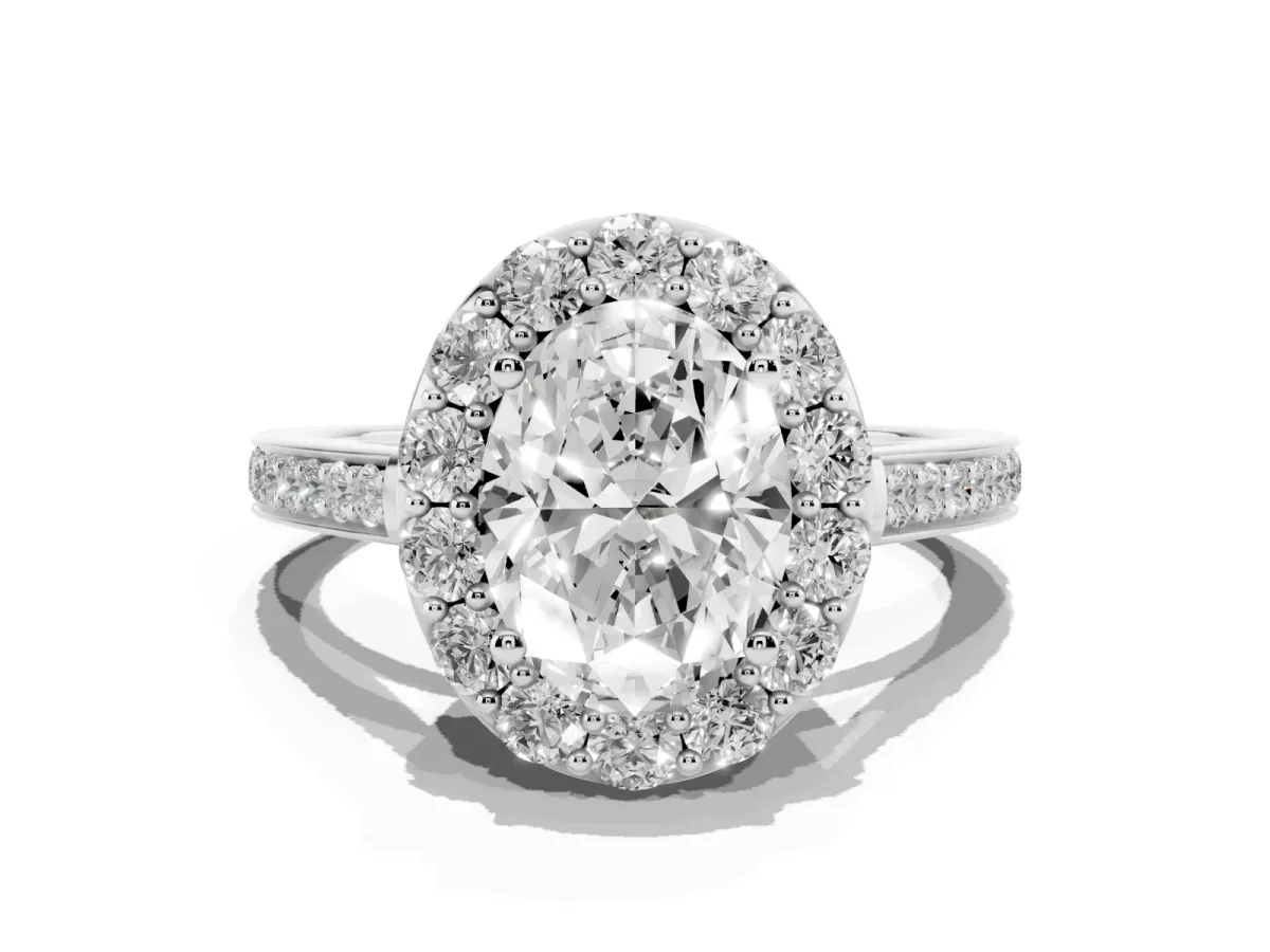 Oval Cut Diamond Floral Halo Ring with Pavé Band and Prong Setting Platinum
