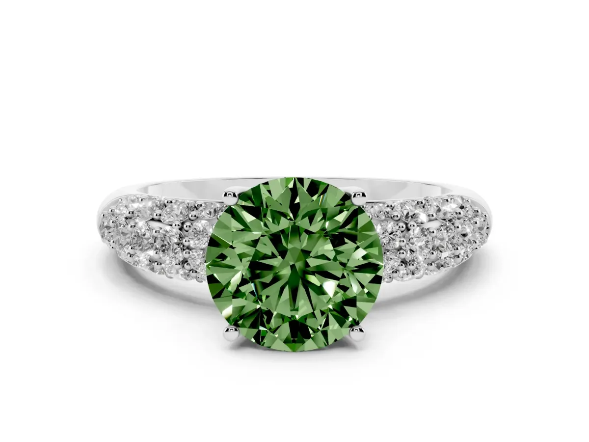 Fancy Green Round Cut Diamond Pavé Band Solitaire Ring with Four-Prong Setting Platinum